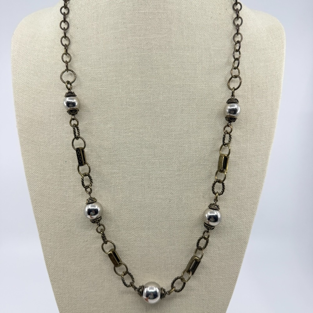 Boho Statement Mixed Metal Bead Link Necklace Gold & Silver Tone Accent Long - Picture 8 of 13